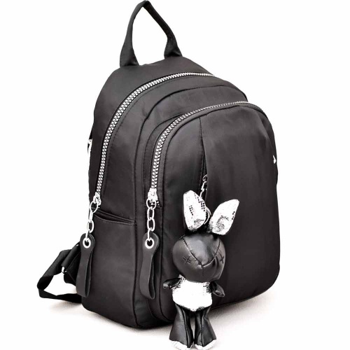 Дамска раница от промазан плат, голяма, с висулка Зайче, черна