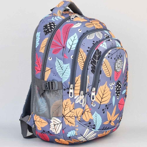 Ученическа раница за тийнейджъри с много отделения, сива с пъстри листа