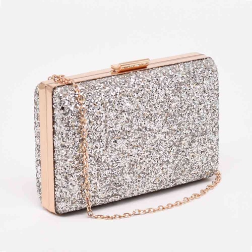 Официална дамска чанта, клъч, обсипана с едър брокат, сребърна със златен обков