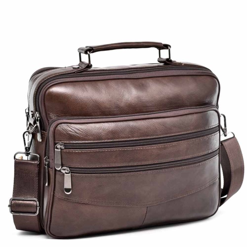 Мъжка чанта от естествена кожа с две отделения и много джобчета, височина 24 см, кафява