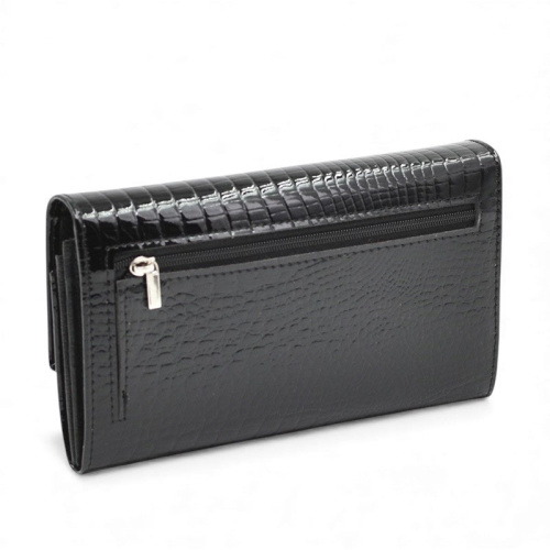 Дамско портмоне от естествена кожа лачено с кроко ефект черно