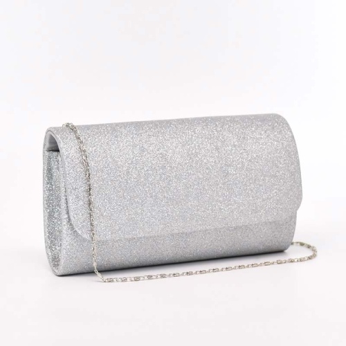 Официална дамска чанта клъч ситен брокат сребърна