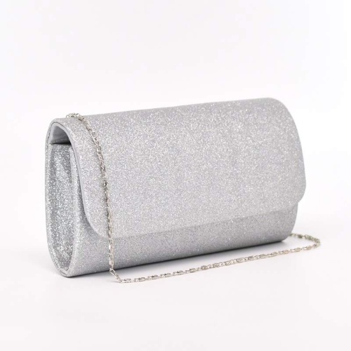 Официална дамска чанта клъч ситен брокат сребърна