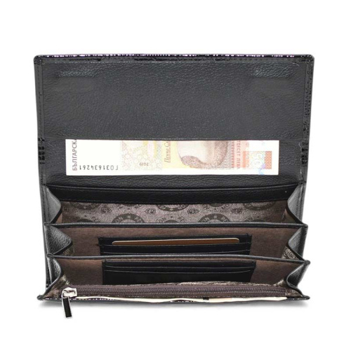 Дамско портмоне от естествена кожа лачено с кроко ефект черно