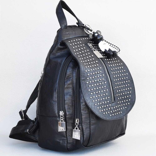 Дамска раница от еко кожа с високо качество, капак с капси и декоративен цип и ефектна висулка