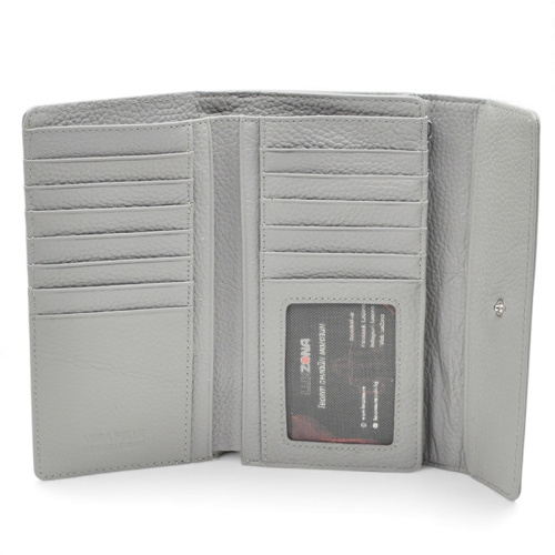 Дамско портмоне от естествена кожа много отделения за карти изчистен модел сиво