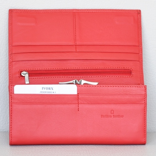 Луксозно дамско портмоне от естествена кожа закопчаване-скрити магнити, вътрешен монетник, ярко червено 