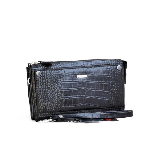 Мъжка чанта от естествена телешка кожа тип борсета с кроко ефект, луксозен модел, черна
