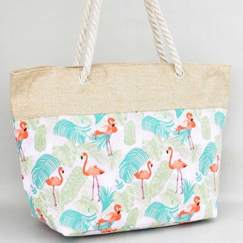 Плажна чанта от плат, затваряне с цип, дръжки от въже, с фламинга и листа, светъл десен