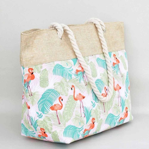 Плажна чанта от плат, затваряне с цип, дръжки от въже, с фламинга и листа, светъл десен