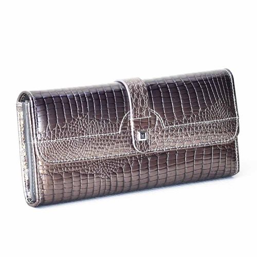 Дамско портмоне от естествена кожа, лачено с кроко ефект, олекотен модел