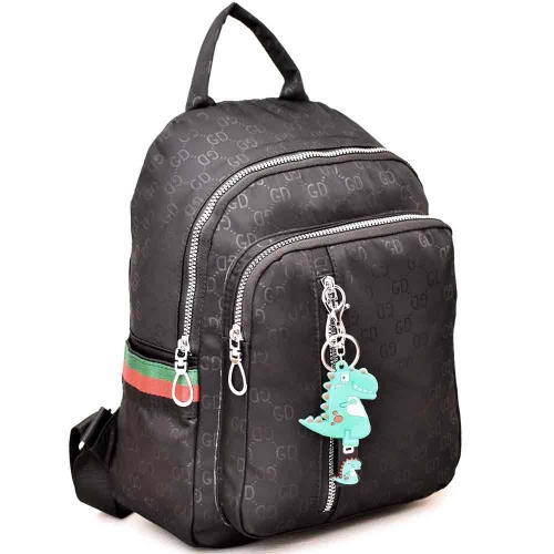 Дамска раница от промазан плат, голяма, с висулка Драконче, черна