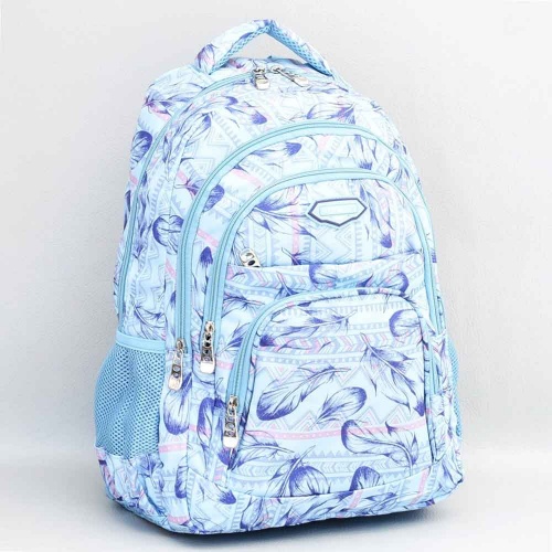 Ученическа раница за момиче с много отделения, ефектен светло син десен