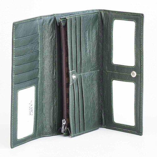 Дамско портмоне от естествена кожа с много отделения за карти и документи, тъмно зелено