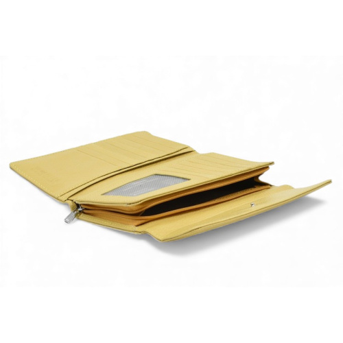 Дамско портмоне от естествена кожа много отделения за карти изчистен модел жълто