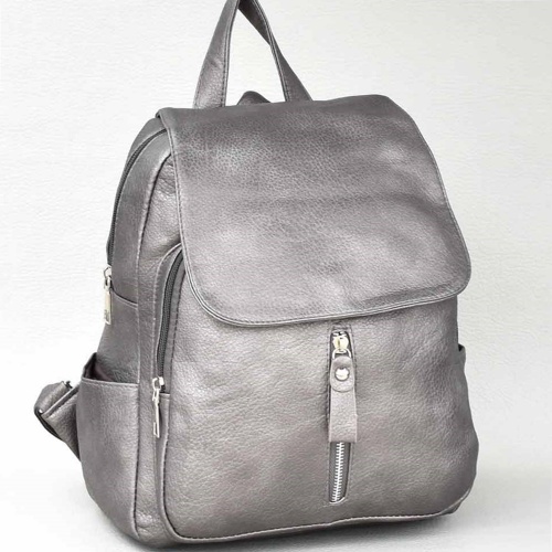 Дамска кожена раница с капак, стилен модел, графит