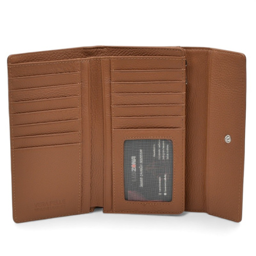 Дамско портмоне от естествена кожа много отделения за карти изчистен модел кафяво