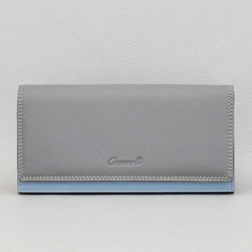 Дамско портмоне от естествена кожа, външен монетник с цип, сиво със светло синьо