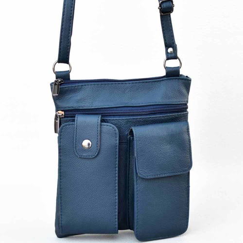 Мъжка чанта от естествена кожа, тип плик с удобни джобове за телефони, синя