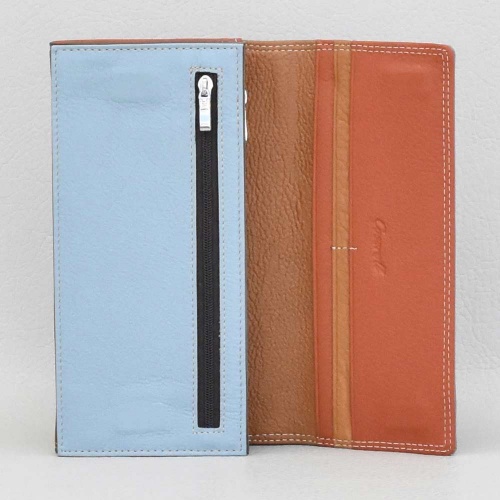 Дамско портмоне от естествена кожа, външен монетник с цип, сиво със светло синьо