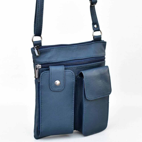 Мъжка чанта от естествена кожа, тип плик с удобни джобове за телефони, синя