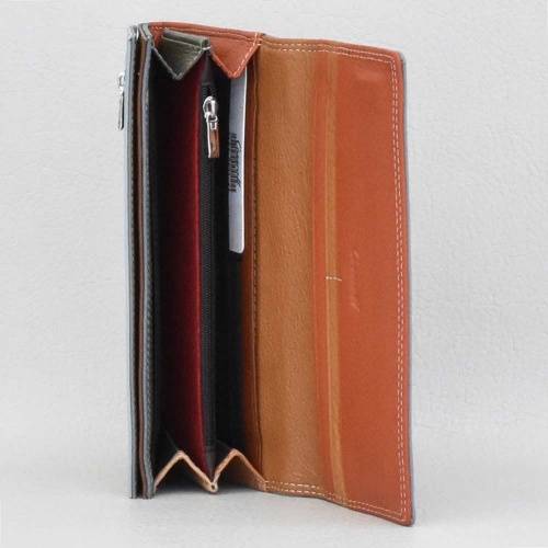 Дамско портмоне от естествена кожа, външен монетник с цип, сиво със светло синьо