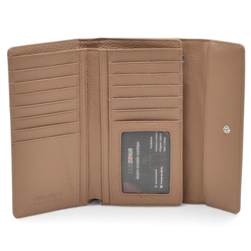 Дамско портмоне от естествена кожа много отделения за карти изчистен модел капучино