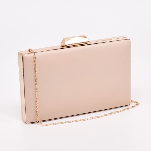 Официална дамска чанта, клъч, от еко кожа, твърда, бежова със златен обков