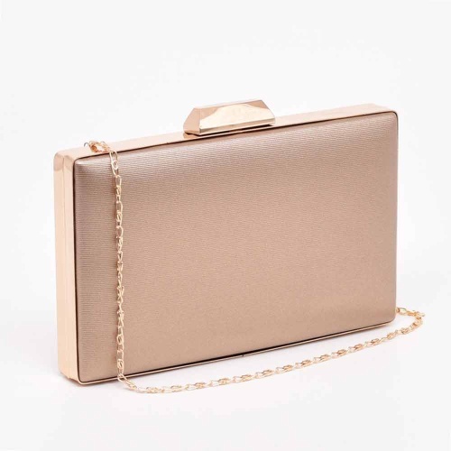 Официална дамска чанта, клъч, с релеф, твърда, бежова със златен обков