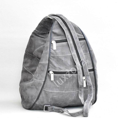 Дамска раница-чанта от естествена кожа велур с външни джобчета, сива