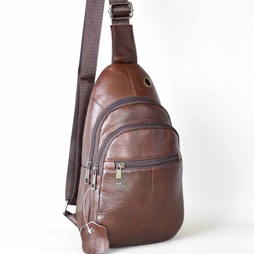 Мъжка чанта от естествена телешка кожа за през гърди, гръб или рамо, кафява