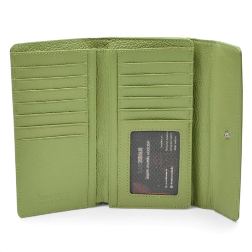 Дамско портмоне от естествена кожа много отделения за карти изчистен модел зелено
