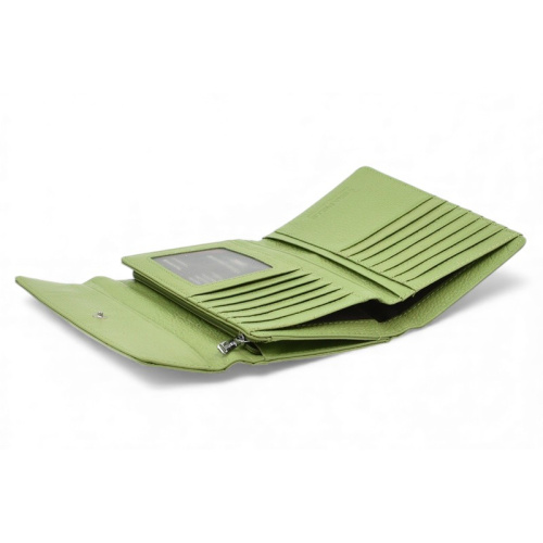 Дамско портмоне от естествена кожа много отделения за карти изчистен модел зелено
