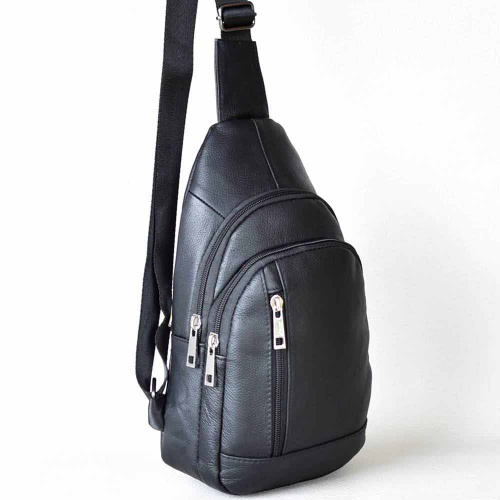 Мъжка чанта от естествена телешка кожа за през гърди, гръб или рамо, черна, нов модел