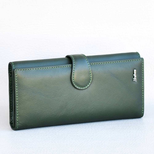 Дамско портмоне от естествена кожа с много отделения за карти и документи, тъмно зелено