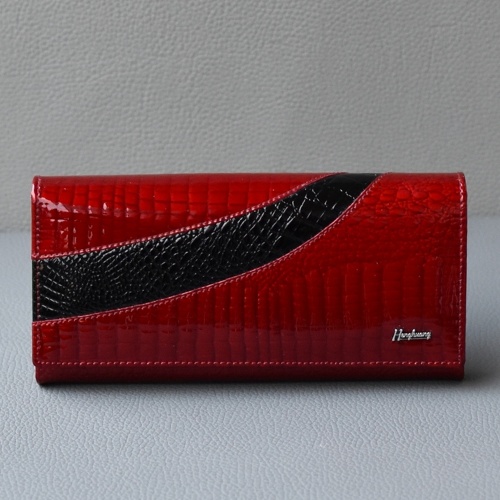 Лачено дамско портмоне от естествена кожа вътрешен монетник ярко червено