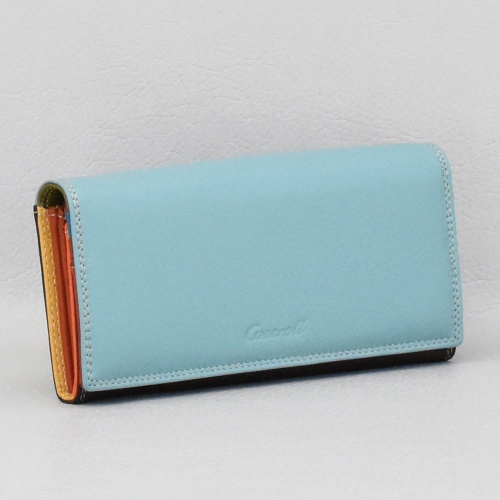 Дамско портмоне от естествена кожа, класически модел, с вътрешен монетник, светло синьо с черно