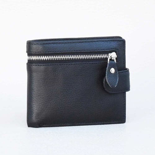 Мъжки портфейл от естествена кожа с външен цип, черен