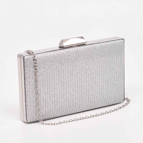 Официална дамска чанта с ламе, клъч, твърда, сребърна със сребърен обков