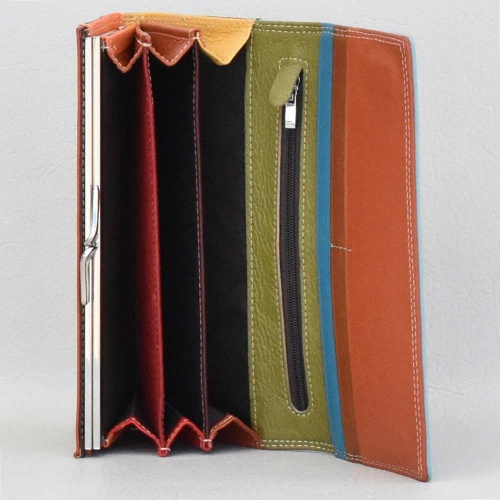 Дамско портмоне от естествена кожа, класически модел, с вътрешен монетник, светло синьо с черно