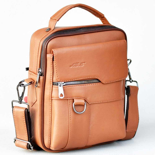 Мъжка чанта от естествена кожа, височина 25 см, с къса и дълга дръжка, светло кафява