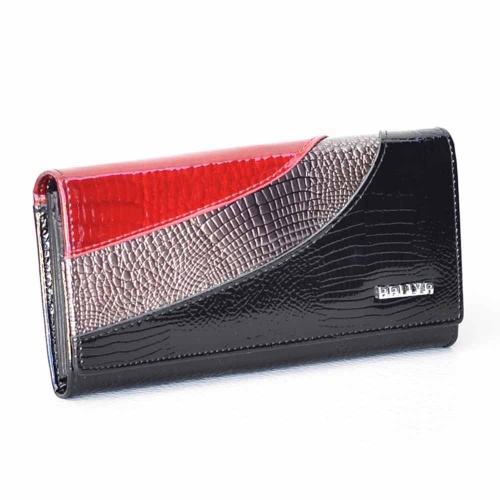 Дамско портмоне от естествена кожа, лачено с кроко ефект, черно с ъс сребърна и червена ивица