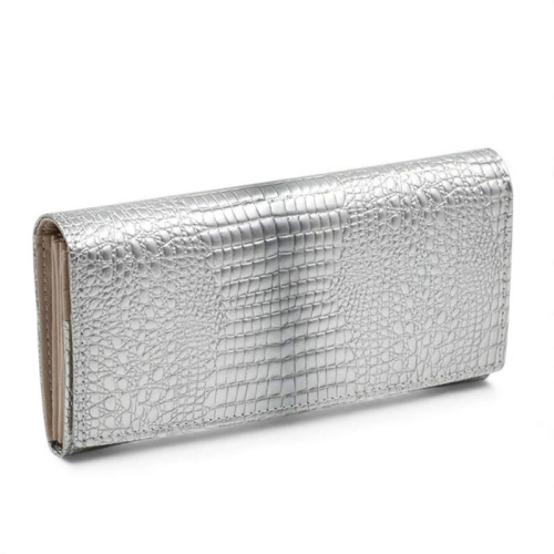 Лачено портмоне от естествена кожа кроко ефект с много отделения сребърно
