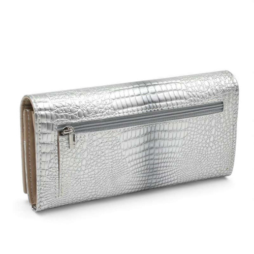 Лачено портмоне от естествена кожа кроко ефект с много отделения сребърно