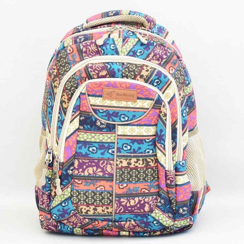 Ученическа раница от варен памучен плат, с много отделения, ефектен десен