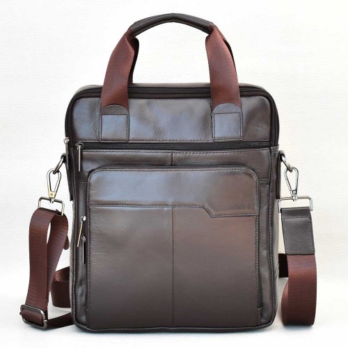 Бизнес чанта от естествена телешка кожа, спортно-елегантен модел, цвят кафе
