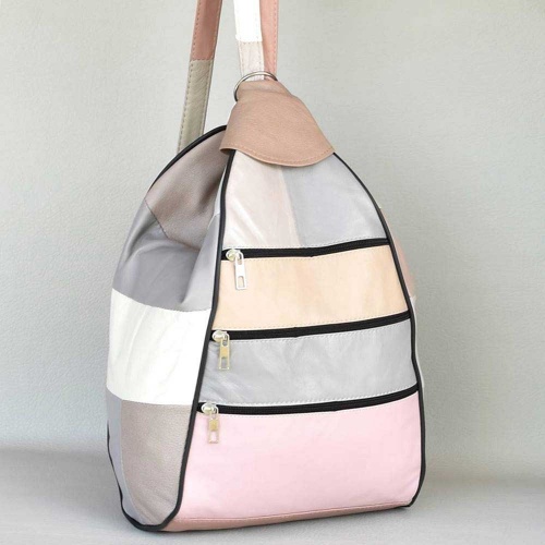 Дамска раница-чанта от естествена кожа с външни джобчета, пастелни цветове