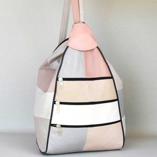 Дамска раница-чанта от естествена кожа с външни джобчета, пастелни цветове