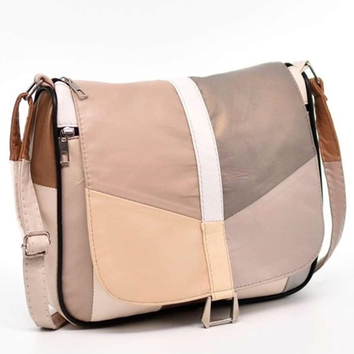 Дамска чанта от естествена кожа на парчета с дълга дръжка светли пастелни цветове