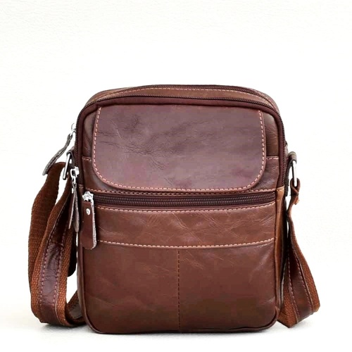 Мъжка чанта от естествена кожа височина 24 см, с много джобчета, кафява